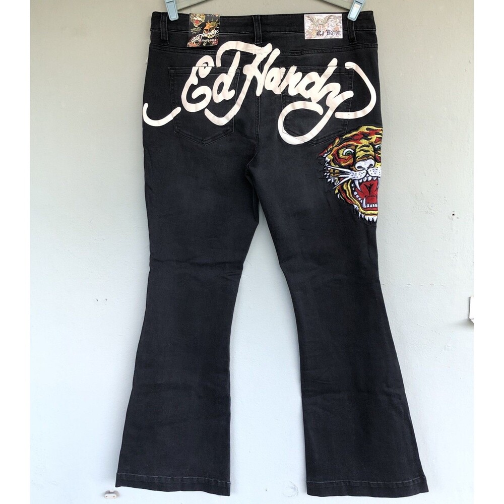 Ed Hardy Jeans 32 Black Slim Flared Leg Embroidered Spellout Y2K Grunge Street